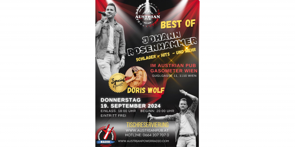 Johann Rosenhammer mit Doris Wolf als Special Guest am Donnerstags, 19. September 2024 live im Austrian Pub - Gasometer Wien. Beginn 20 Uhr, Eintritt frei